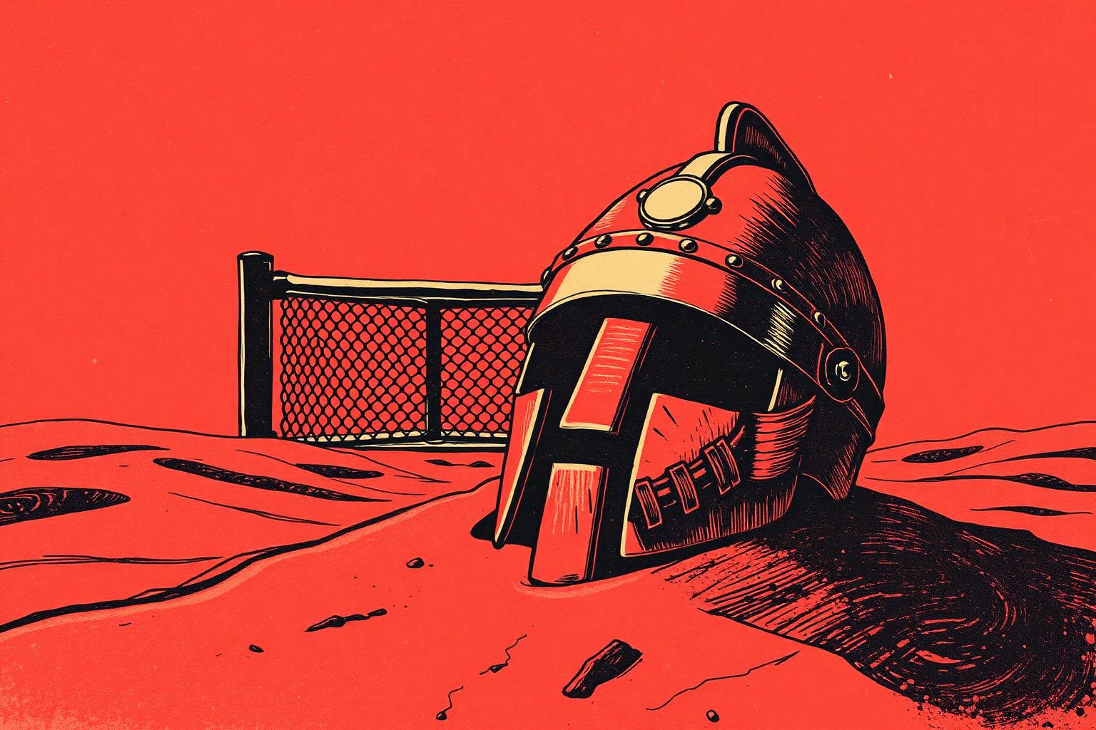 A Roman gladiator helmet half-buried in red sand beside a chain-link cage.