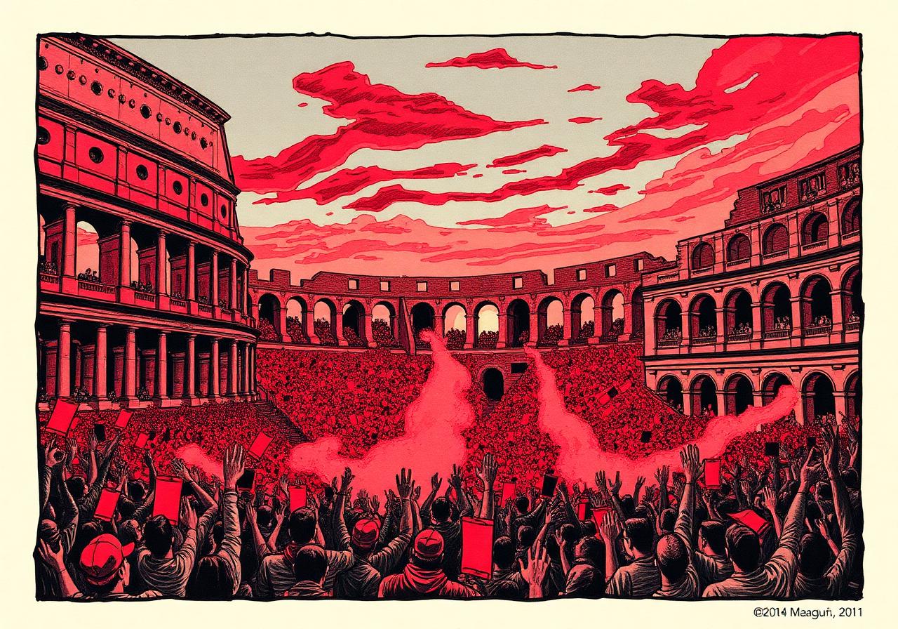 The Colosseum filled with cheering crowds at dusk.