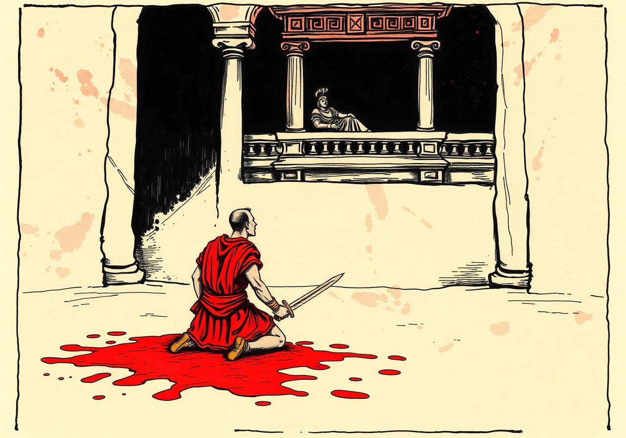 A gladiator kneels in blood-spattered sand looking up at an emperor's balcony.