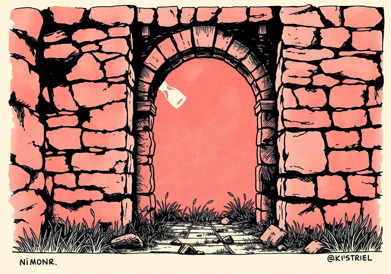 A crumbling Roman arch with weeds growing through cracked stones.