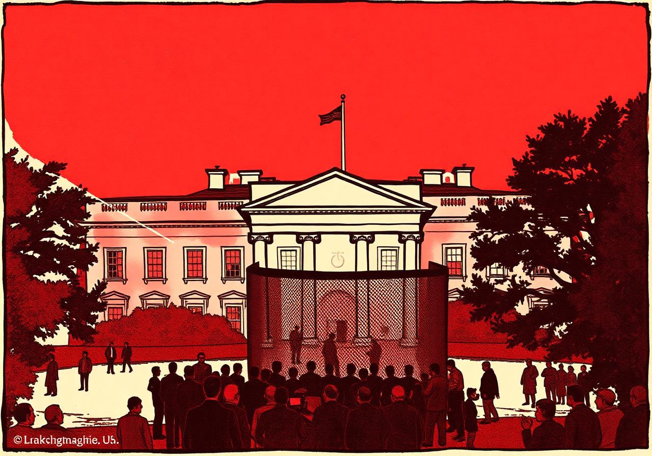 The White House at night with a cage octagon erected on the South Lawn.