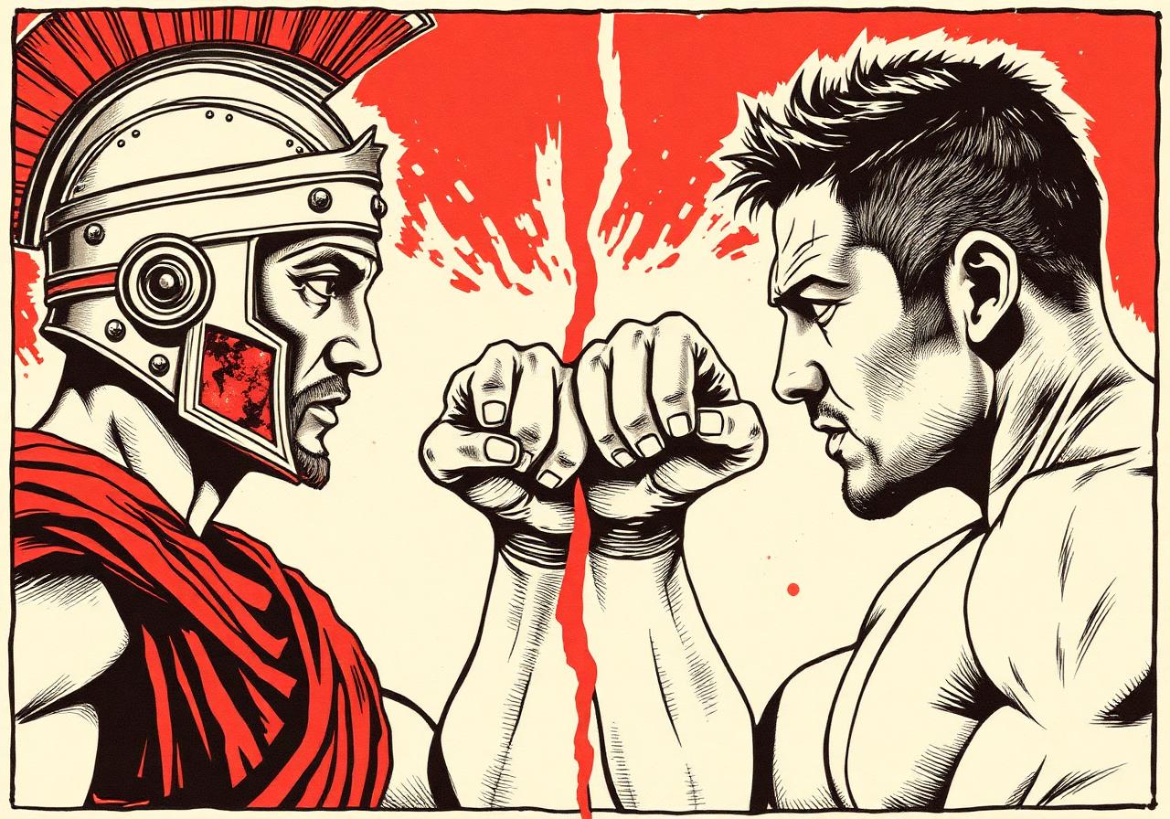 A Roman gladiator and a modern MMA fighter face each other, fists meeting at the centerline.