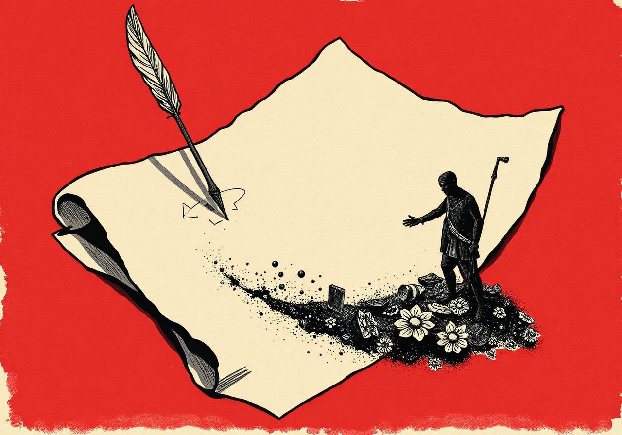 A quill writes on a scroll while a figure beside it dissolves into dust.